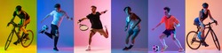 Soccer football, cycling, tennis athletics. Collage of professional sportsmen in action and motion isolated on multicolored background in neon light. Flyer. Advertising, sport life concept