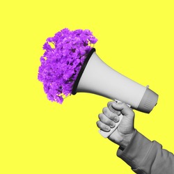 Male hand with flowers in megaphone. Contemporary art collage, modern artwork. Concept of idea, inspiration, creativity and beauty. Bright yellow, purple colors. Copyspace for your ad or text. Surreal