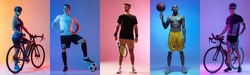 Soccer football, tennis, basketball and cycling. Collage of different professional sportsmen standing and posing at studio on multicolored background in neon. flyer for advertising.