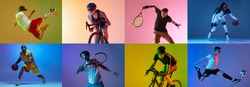 Basketball, soccer, tennis and cycling. Collage of different professional male and female sportsmen in action at studio on multicolored background in neon. Flyer for ad. Motion, action, sport concept