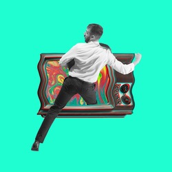 Teleportation to the past. Young man steps into retro tv set. Contemporary art collage 80s. Copy space for text, ad. Flyer. Square composition. Modern artwork.