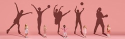 Collage. Dreams about big and famous future. Conceptual image with little girls and shadows of fit professional sportsmen on light pink, coral background. Dreams, imagination, education concept.