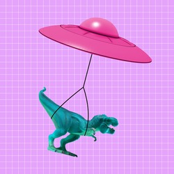 Pink flying saucer delivering toy dinosaur. Copy space for ad, text. Modern design. Conceptual, contemporary bright artcollage. Retro style, surrealism, fashionable.