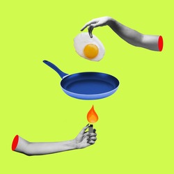 Morning, breakfast. Composition with human hands frying eggs on bright yellow background. Modern design, contemporary art collage. Inspiration, idea, trendy urban magazine style.