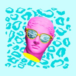 Surrealism. Modern conceptual artwork with ancient statue head in sun glasses isolated over colored background. Summer time. Collage of contemporary art. Fashion design.