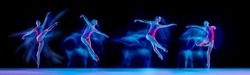 Development of movements of one beautiful ballerina dancing isolated on dark background in mixed neon light. Concept of art, beauty, aspiration, creativity. Action and motion