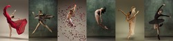 Contemporary or classic art. Collage of portraits of male and female ballet dancers dancing isolated on dark vintage background. Models in stage images. Concept of art, beauty, aspiration, creativity