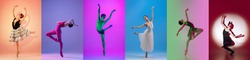 Collage of portraits of female ballet dancers, ballerinas dancing isolated on multicolored background in neon light. Models in stage images. Concept of art, theater, beauty, aspiration, creativity
