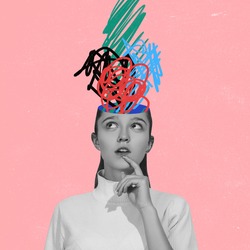 Chaos in girl's head and hurricane of thoughts. Modern design, contemporary art collage. Inspiration, idea concept, trendy urban magazine style. Back to school. Line art