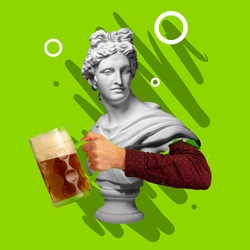 Time for beer. Contemporary art collage with bust of antic statue and hand holding beer glass with lager cold foamy beer. Concept of festival, national traditions, taste and holidays, octoberfest