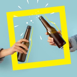 Cheers. Contemporary art composition with two male hands holding beer bottles with lager, cold beer. Concept of festival, national traditions, taste, drinks. Mix photo and illustraion
