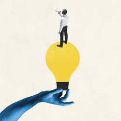 Female blue hand holding yellow bulb as idea symbol with young man, office worker isolated on light background. Contemporary art collage. Inspiration, idea. Concept of occupation, business, ad.