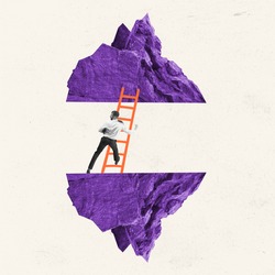 Career ladder. Young businessman, clerk, finance analyst climbing isolated on light background. Contemporary art collage. Inspiration, idea, trendy. Concept of professional occupation, business, ad.