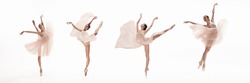 Collage of portraits of one young beautiful female ballet dancer in different images dancing with silk fabric isolated on white background. Concept of art, beauty, aspiration, creativity.