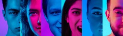 Multiethnic friends. Cropped portraits of people on multicolored background in neon light. Collage made of half of faces of male and female models. Concept of emotions, media, sales, advertising.
