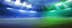 Before match. Stadium and neoned colorful flashlights background. Flyer with copyspace in modern colors. Concept of sport, competition, winning, action. Empty area for championships, ad, design