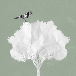 Bird on tree. Contemporary art collage, modern creative design. Idea, inspiration, saving ecology, environmental care concept. Poster, minimalism. Preserve forests for birds and animals