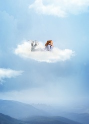 Magical journey. Art collage with little beautiful girl lying on white cloud and flying above land, mountains, nature landscape. Concept of childhood, happiness, dreams, adventure. Looks excited