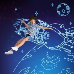 Spaceship flight. Creative artwork with little boy flying on drawn spacecraft in outer space. Ideas, inspiration, imagination. Collage. Concept of childhood, dreams, game, astronomy, ad