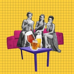 Hen party, girl's night out. Holiday mood. Contemporary art collage with open female mouth and glass of light beer. Concept of festival, national traditions, taste, drinks and holidays. Surrealism