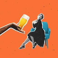 Tempting offer. Contemporary art collage with young sitting on chair alone and drinking beer, wine. Concept of festival, national traditions, taste, drinks and holidays. Surrealism. Copy space for ad