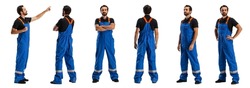 Profile, front and back view of man, male auto mechanic in dungarees standing alone isolated on white background. Concept of labor, business, caree, job, sales, ad. Nonprofessional occupations
