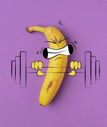 Strong man. Funny cute yellow banana, dude workouts isolated over purple background. Drawn fruit in a cartoon style. Vitamins, vegan. Concept of funny meme emotions, healthy food concept