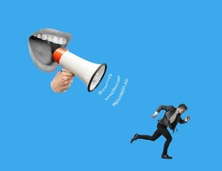 Composition with angry abstract boss mouth shouting employeer, manager. Copyspace to insert your text. Contemporary artwork. Creative conceptual and colorful collage. Business lifestyle concept.