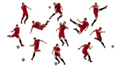 Mosaic of movements. Collage made of shots of one african professional soccer player with ball in motion, action isolated on white background. Attack, defense, fight, kick. Man in red football kits