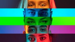 Collage of close-up male and female eyes isolated on colored neon backgorund. Multicolored stripes. Concept of equality, unification of all nations, ages and interests. Diversity and human rights