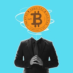 Rates, stock quotes and business. Man in black suit with bitcoin sign instead head. Modern design, contemporary art collage. Inspiration, idea, trendy urban magazine style. Stay motivated