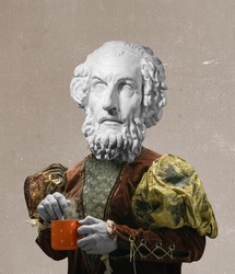 Five o'clock, tea time. Model like medieval royalty person in vintage clothing headed of ancient statue head. Concept of comparison of eras, artwork, renaissance style. Creative collage.