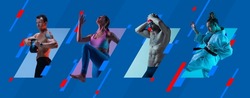 Judo, running, swimming and powerlifting. Multiethnic people, professional athletes in action isolated on bright geometric background. Concept of team sport, competition, motion, ad, show. Poster