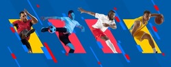 Multiethnic men, professional basketball and football players in action isolated on bright colorful geometric background. Concept of team sport, competition, motion, leader, ad, show. Poster, pattern