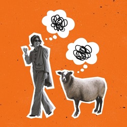 Young woman walking with sheep isolated on orange background. Chaos in head. Modern design. Conceptual, contemporary art collage, magazine style. Surrealism, minimalism. Fool, silly