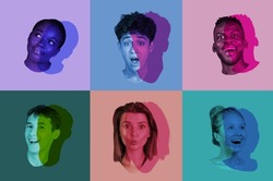 Multi ethnic youth. Set, collage of young male and female faces, heads with colored silhouette, shadow isolated on colored background. Human emotions, split personality, mental problems concept.