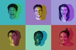 Happiness. Set, collage of young multiethnic male and female faces, heads with colored silhouette, shadow isolated on colored background. Human emotions, split personality, mental problems concept.