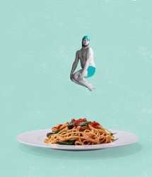 Yummy dish. Contemporary art collage of funny man, in swimming hat diving into plate with pasta isolated over mint background. Concept of art, creativity, food, delivery service, taste and ad