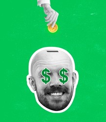 Contemporary art collage. Creative design of male head in form of money box and hand putting coin inside isolated over green background. Concept of creativity, inspiration, art, surrealism and ad