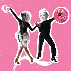 Modern design. Contemporary art collage of dancing couple with statue heads and donut element isolated over pink background. Concept of art, creativity, food, design. Copy space for ad