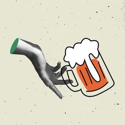 Contemporary art work. Female hand with beer glass on light background, Illustraition. Concept of symbolism, surrealism, oktoberfest. Traditional festive drinks. Copy space for ad