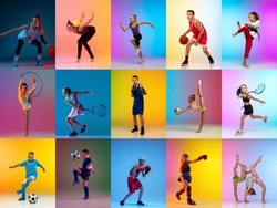 Basketball, soccer, tennis, gymnastics, box and judo. Set of images of young sportsmen, little boys and girls in action, motion isolated on multicolor background in neon light. Poster for ad.