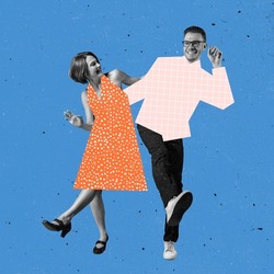 Cheerful couple of dancers dressed in 70s, 80s fashion style dancing rock-and-roll on blue background with drawings. Contemporary art collage. Minimalism. Art, beauty, fashion, music. Magazine style