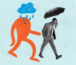 Contemporary art collage. Sad man with personal problem walking under rain with cute drawn cartoon little man, blot on bright background. Concept of inner world, problems, support