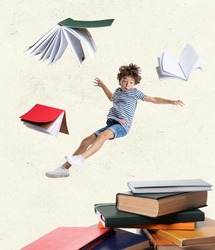 Creative contemporary art collage of little boy, child falling into books isolated over light background. Levitation. Concept of education, childhood, book reading, discovery, artwork and ad