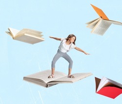 Contemporary art collage of little cheerful girl, child surfing on open book isolated over light blue background. Concept of education, childhood, book reading, discovery, artwork, inspiration and ad