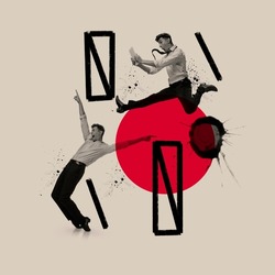 Contemporary art collage. Young happy and excited man jumping, dancing isolated over gray background with drawn geometric elements. Concept of classic dance style, art, show, beauty, inspiration