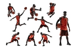 Development of movements. Collage made of images of professional basketball player in sports uniform with ball in motion, action isolated on white studio background. Motion, action, sport concept