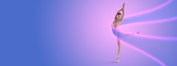 Tender. Graceful ballet dancer, flexible girl dancing isolated on lilac background in pink neon light with luminescent lines, shapes. Dance, grace, contemporary artwork. Flyer for ad, text