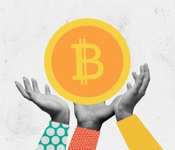 Future. Human hands and bitcoin. Contemporary art collage. Concept of business, finance, blockchain technology, altcoin, cryptocurrency mining, digital money market, crypto coin wallet, exchange